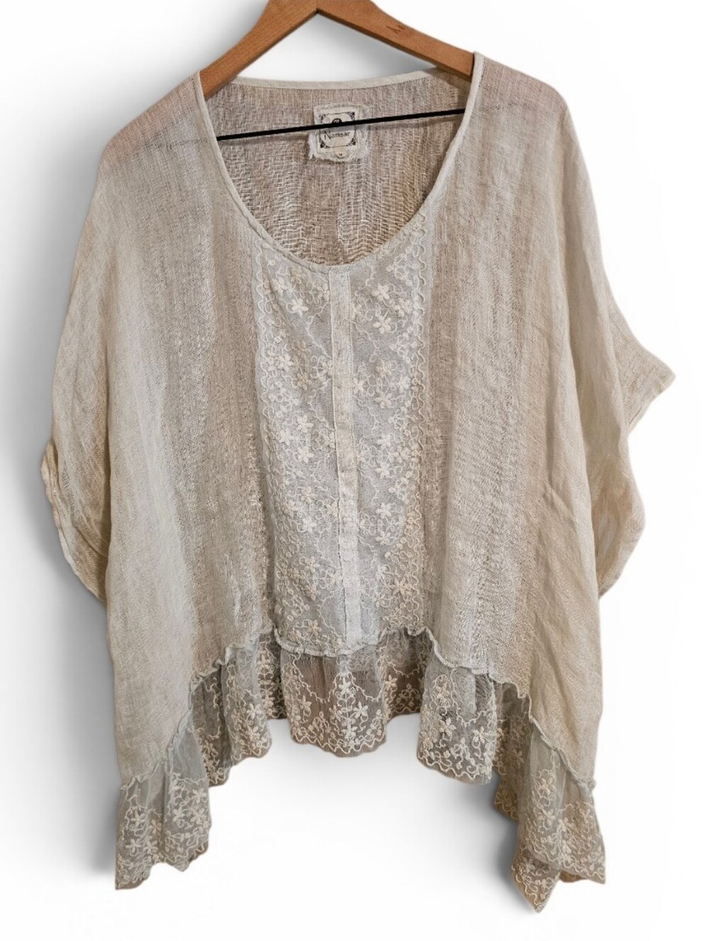 NAMSAR White Linen Oversized Boho Lace Trim Top - One Size